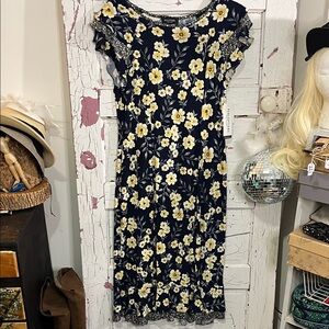 NWT Perceptions Navy and Yellow Floral MIDI/Maxi Dress Sz Lg MSRP $60